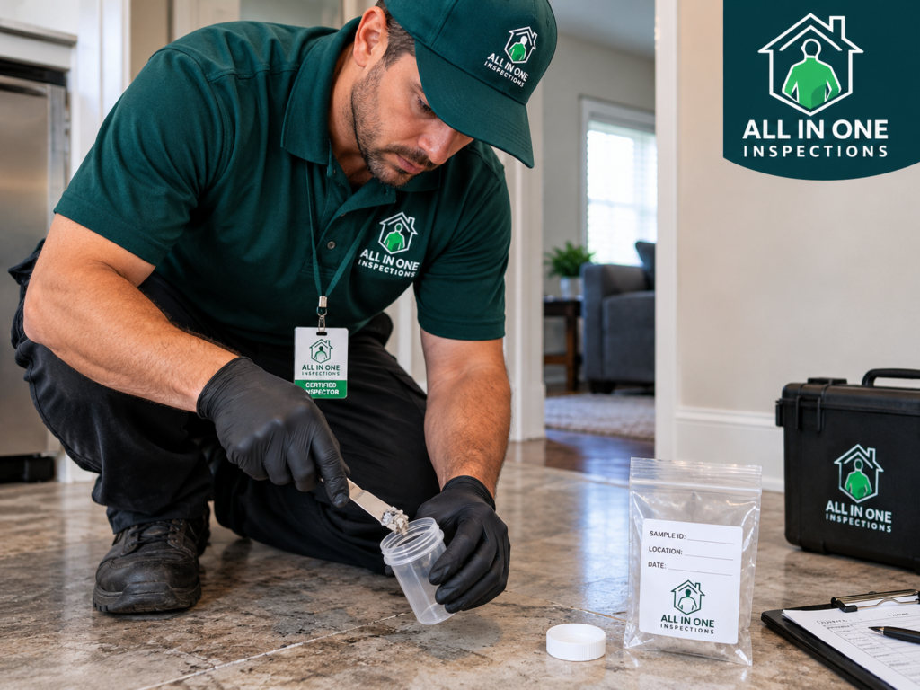 Certified inspector collecting an asbestos sample during testing in a New Jersey home